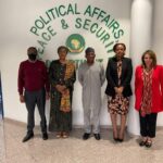 Executive Secretary of the AFLPM, Mrs. Oley Dibba-Wadda, in Addis Ababa, Ethiopia, with the African Union Commissioner for Political Affairs, Peace and Security and the Gambian Ambassador to Ethiopia on promoting peace and security